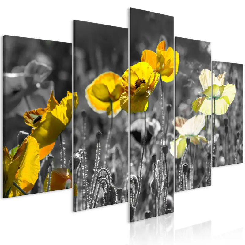 Bon Marché Schilderij - Yellow Poppies (5 Parts) Wide - 200x100
