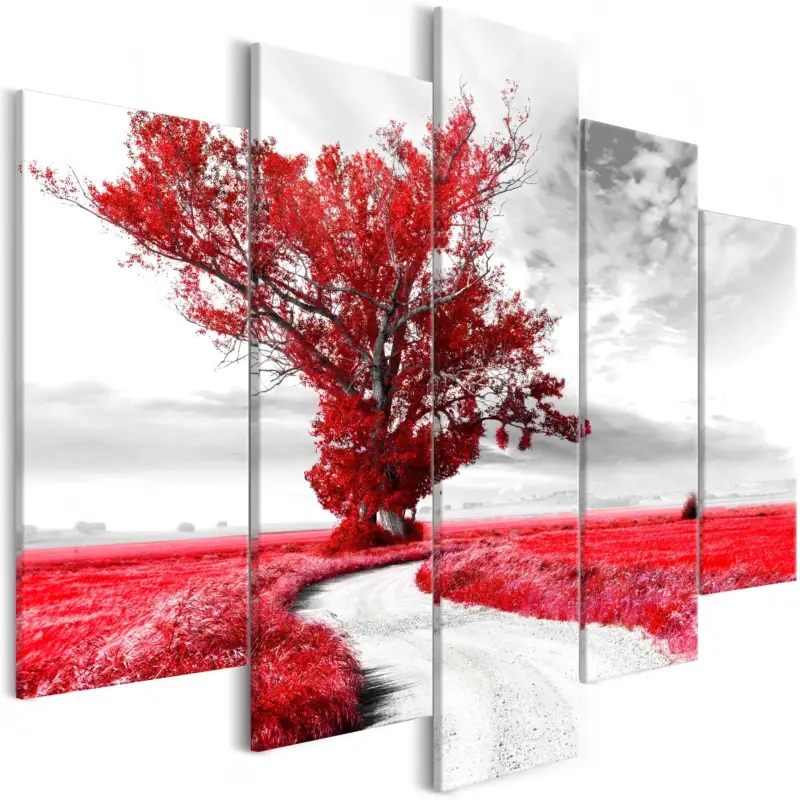 Solde Schilderij - Tree near the Road (5 Parts) Red - 100x50