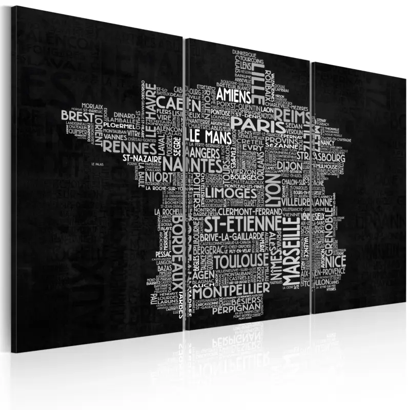 Vente Flash Schilderij - Text map of France on the black background - triptych - 120x80
