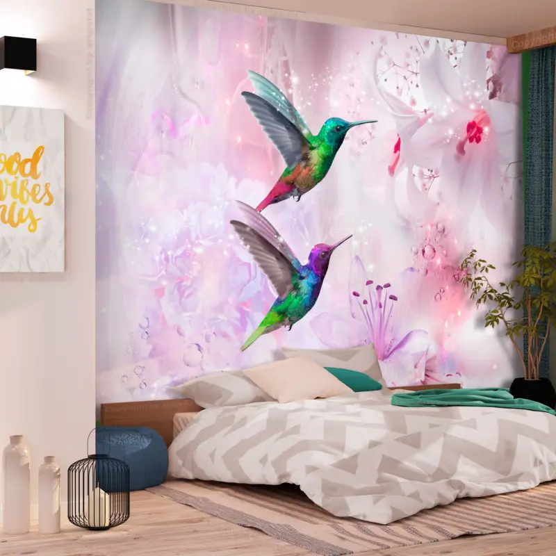 Achat Immédiat Fotobehang - Colourful Hummingbirds (Purple) - 100x70