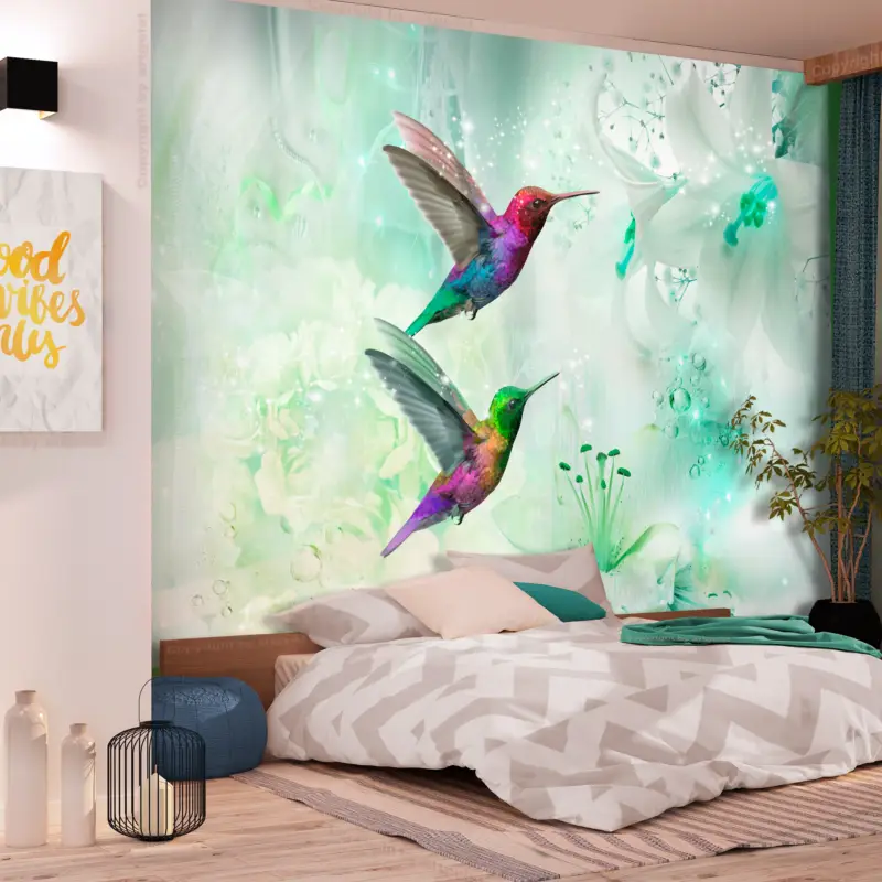 Usine Directe Fotobehang - Colourful Hummingbirds (Green) - 100x70