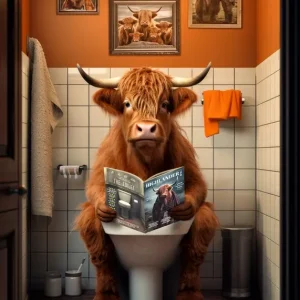 Satisfait Ou Remboursé De Koe van het Hoogland op het Toilet posters & art prints door Craig Doogan - Premium Poster - 50x70