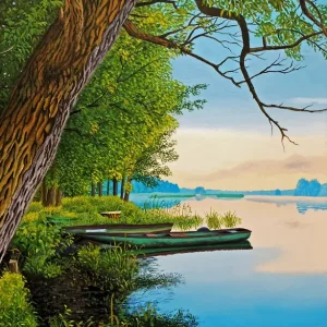 Achat Immédiat Boten op de oever van de rivier posters & art prints door Dietrich Moravec - Premium Poster - 50x70