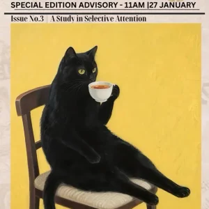 Achat Immédiat Ongestoorde kat met thee |In tijdschriftstijl poster posters & art prints door Minerva English - Premium Poster - 50x70