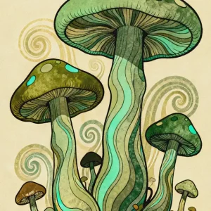 70s PSYCHEDELISCHE Groene Magische Paddenstoel Groovy Schimmels posters & art prints door Mingkly Habibi - Premium Poster - 50x70 Nouvelle Collection