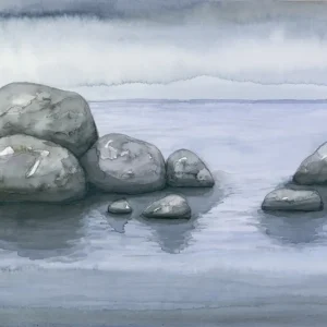 Zee en rotsen in aquarel posters & art prints door Kristina S - Premium Poster - 50x70 Retour Gratuit