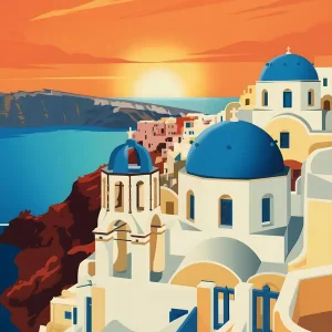 Zonsondergang Sereniteit op Santorini: Een levendige ontsnapping posters & art prints door Stellar Creative - Premium Poster - 50x70 Produit De Marque