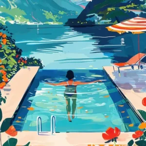 Zwemmen over de Alpen posters & art prints door Natalia Ayu - Premium Poster - 50x70 Retour Gratuit