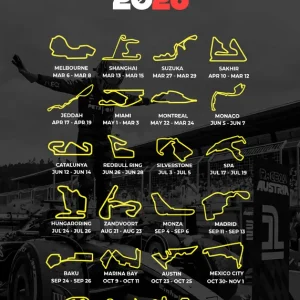 2026 Formule 1 Grand Prix Kalender: Circuits & Data posters & art prints door salah trezs - Premium Poster - 50x70 Top Vente