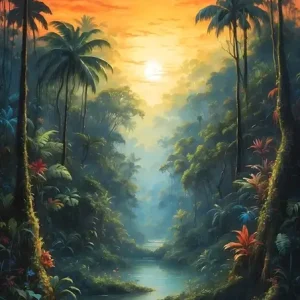 Zonsondergang in de jungle posters & art prints door Magical World of Fantasy and Fairy Tales - Premium Poster - 50x70 Commande En Gros