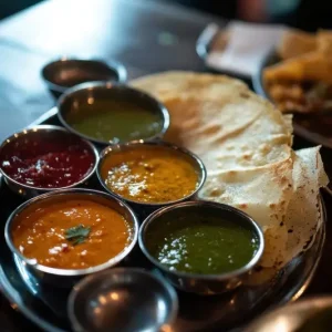 Zuid-Indiase feestmaal: dosa's en kleurrijke chutneys posters & art prints door Pia Srit - Premium Poster - 50x70 Dernier Modèle