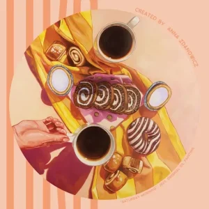 Zaterdagochtend Lekkernijen: Een gezellige koffie- en gebakscène posters & art prints door Anna Zdanowicz - Premium Poster - 50x70 Prix Cassé