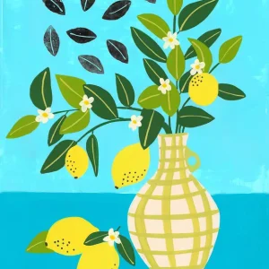 Zonnig citrus stilleven: Een levendig citroenboeket posters & art prints door Sara Coulter - Premium Poster - 50x70 Petit Prix