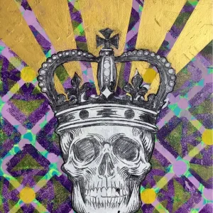 Achat Immédiat Koninklijk Requiem: Een gekroonde schedel in levendige patronen posters & art prints door David Galan - Premium Poster - 50x70