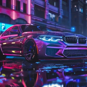 Satisfait Ou Remboursé Bmw m5 sportcar neon posters & art prints door Moritz Uebe - Premium Poster - 50x70